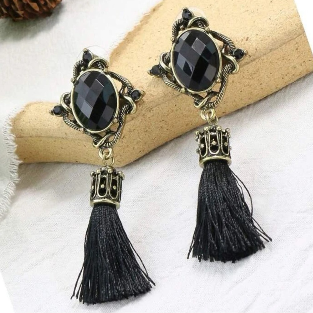 Tassel Long Fringe Drop, Black, Antique Gold Bohemian, Victorian Earrings - Picture 2 of 10